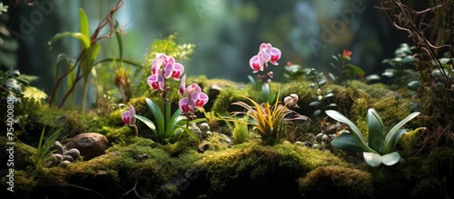 A cluster of pink flowers stands out against the vibrant greenery of a lush field. The delicate petals contrast beautifully with the surrounding foliage  creating a stunning natural scene.