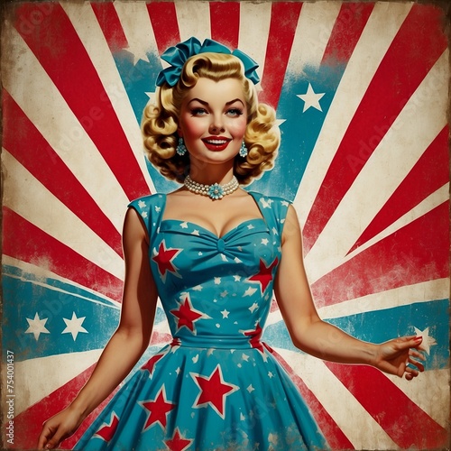 vintage poster illustration, the lady in a dress from a 1950s pop art poster, in the style of patriotic