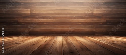 An empty room with wooden flooring is illuminated by a single spotlight, creating a stark contrast between light and shadow. The spotlight casts a focused beam of light onto the floor, emphasizing the