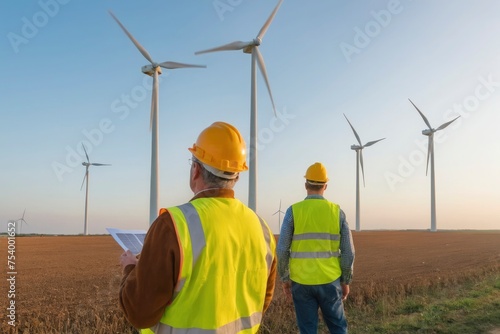 Two men in safety gear stand in front of a wind farm