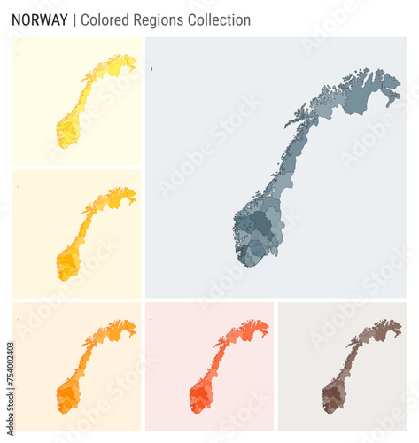 Norway map collection. Country shape with colored regions. Blue Grey, Yellow, Amber, Orange, Deep Orange, Brown color palettes. Border of Norway with provinces for your infographic.