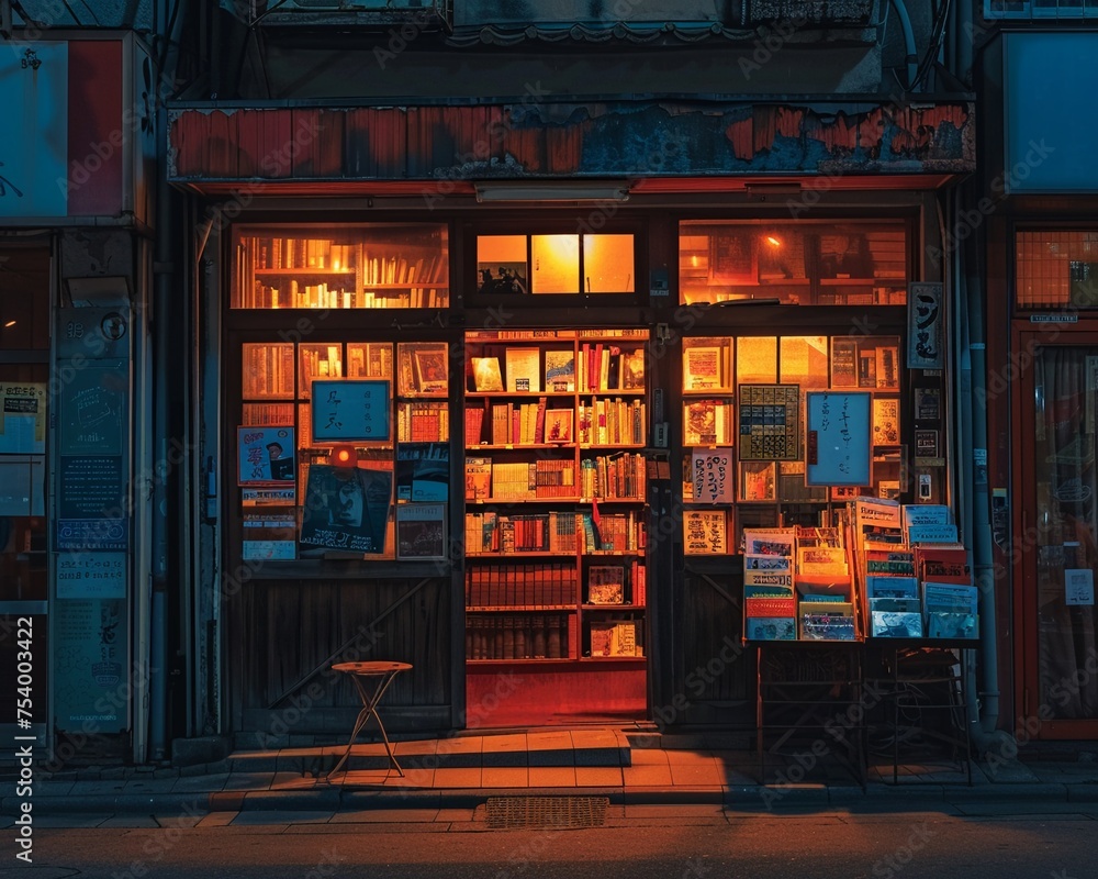 The warm glow of a small bookshop contrasts with the cold The warm glow of a small bookshop contrasts with the cold