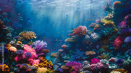 Vibrant coral reef teeming with fish in underwater natural habitat