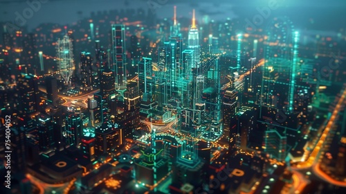 Neon-lit blockchain network sprawling over a digital cityscape