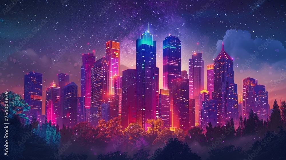 Obraz premium Glowing cityscape transitioning from dark recession-hit areas to vibrant growth zones