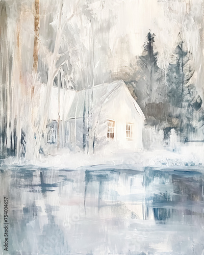 White Farmhouse Cottage Painting, Architecture, Countryside, Art