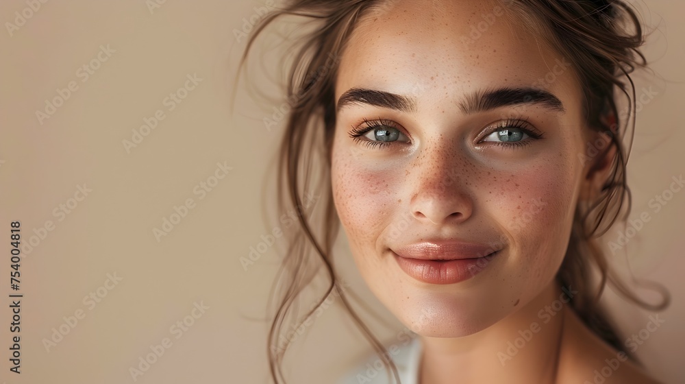 Young Woman in Soft Makeup Showcasing a Serene Smile against a Beige Backdrop Young Woman in Soft Makeup Showcasing a Serene Smile against a Beige Backdrop