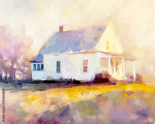 White Farmhouse Cottage Painting, Architecture, Countryside, Art