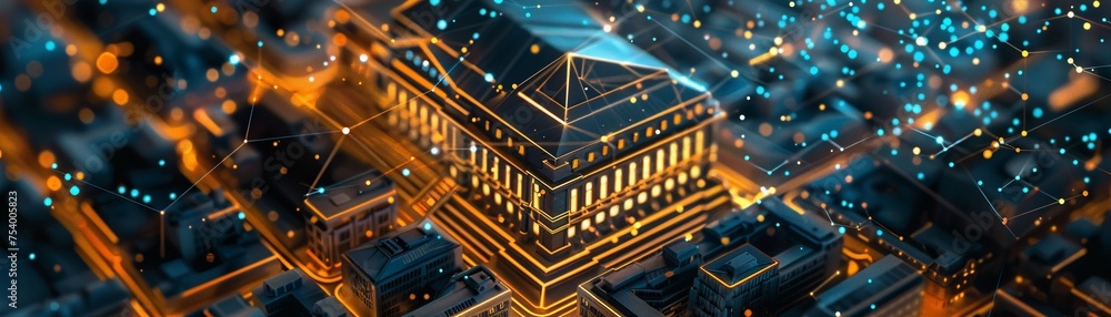 Fototapeta premium Blockchain nodes lighting up a smart city model a historic bank building at its center
