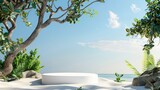 A white podium in round-shaped displayed on the sand with a big tree branch and some green tropical leaves. Blue sky background - generative ai
