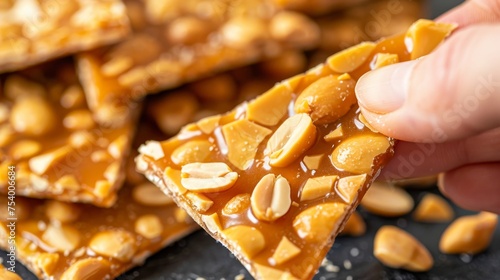 Crunchy peanut brittle close up, showcasing shattered pieces and peanuts for a satisfying bite.