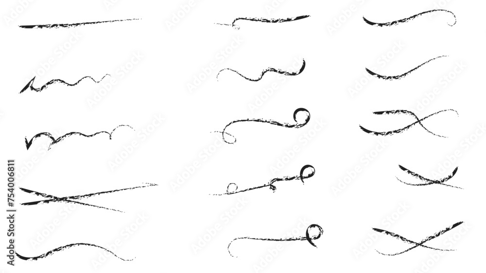 Charcoal strokes. Set of black hand drawn brush lines different forms on white background. Rough charcoal strokes. Collection of vector grunge brushes. chalk lines drawn by hand. Vector illustration Charcoal strokes. Set of black hand drawn brush lines different forms on white background. Rough charcoal strokes. Collection of vector grunge brushes. chalk lines drawn by hand. Vector illustration