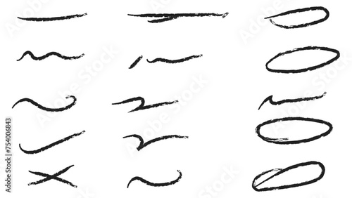 Charcoal strokes. Set of black hand drawn brush lines different forms on white background. Rough charcoal strokes. Collection of vector grunge brushes. chalk lines drawn by hand. Vector illustration