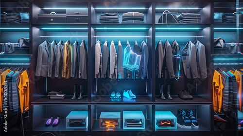 A futuristic closet organizer showcasing outfits categorized into business casual formal wear
