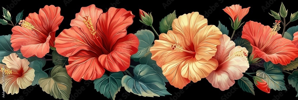 A banner tapestry of deep coral to soft peach hibiscus blooms with muted green leaves on a dark background A banner tapestry of deep coral to soft peach hibiscus blooms with muted green leaves on a dark background