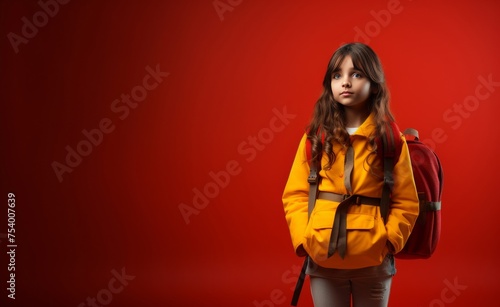 Against a cheerful background of yellow, red, and orange hues, a little girl poses with her coral backpack strapped securely on both shoulders, exuding confidence and style.