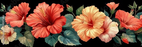 A banner tapestry of deep coral to soft peach hibiscus blooms with muted green leaves on a dark background