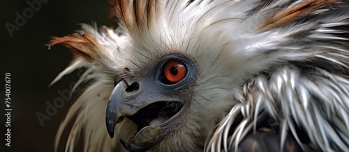 A close up view of a Philippine monkey-eating eagle, showcasing its striking red eyes. The birds features are highlighted, including its intense gaze and unique eye color. photo