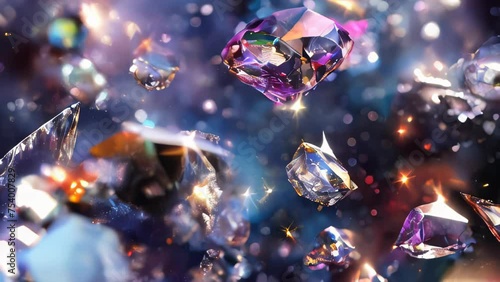 Sparkling gemstones of various colors emerge from the darkness, exploding with radiance.
