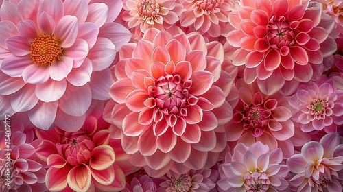 An illustration of a bunch of pink and rose coloured dahlias © Raveen