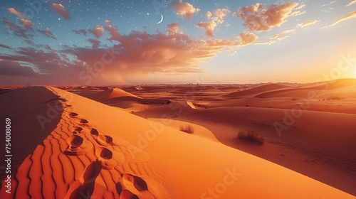 Moonlit desert oasis  serene beauty with sandy hues  stars  and crescent moon in night sky