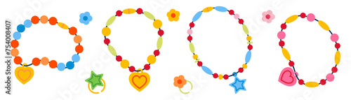 Beads bracelets. Cute bracelets made of colorful beads different shapes and color. Children's plastic jewelry on wrist. Friendship retro bracelets isolated on white background. Set of Kid's jewelry