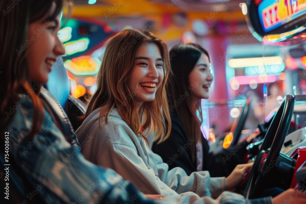 Young women having fun with driving simulator in arcade Young women having fun with driving simulator in arcade