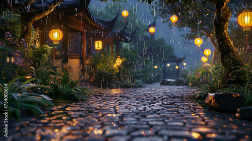Tranquil Rainy Evening in Oriental Garden