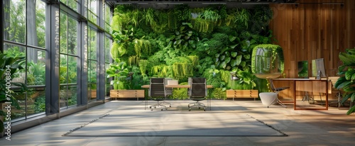 Modern sustainable office space with lush green walls, large windows, and stylish furniture.