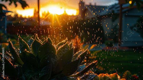 A captivating image capturing the sparkle of raindrops on garden succulents as the setting sun casts a warm, golden light, creating a magical and serene close-up scene.