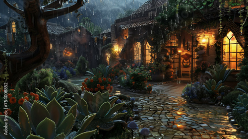 An enchanting nighttime garden scene during a rain shower, with cobblestone paths leading to warmly lit, quaint cottages surrounded by vibrant, rain-soaked flora.