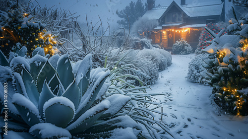 A beautiful succulent garden blanketed in fresh snow under a twilight sky, with festive holiday lights creating a cozy atmosphere around a charming cottage.