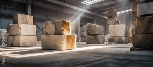 A collection of raw stone blocks made of natural marble and granite are stored in a warehouse. The massive cubes are neatly arranged and ready for manufacturing.