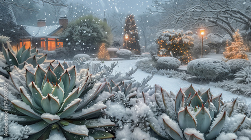A picturesque evening view of a snow-covered garden with succulents in the foreground, decorated with festive lights and a warmly lit house providing a sense of holiday cheer.