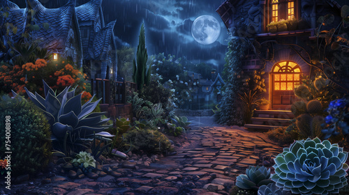 A fantasy-inspired garden bathed in moonlight, with a cobblestone path meandering through succulents and lush plants, leading to whimsical cottages that evoke a sense of mystery and enchantment.