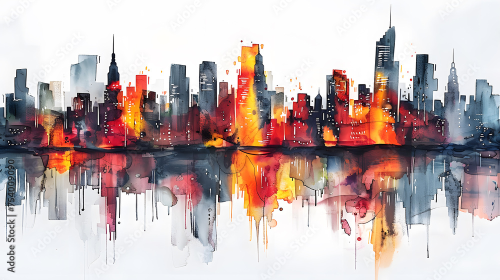 Abstract cityscape with elegant alcohol ink reflections. City Lights in Alcohol Ink. The sophistication and modernity of a city skyline portrayed through the elegance of alcohol ink patterns.