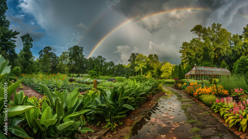 Glistening succulents bask in the ethereal morning light as raindrops fall, creating a sparkling and fresh ambience in this vibrant and peaceful garden scene.