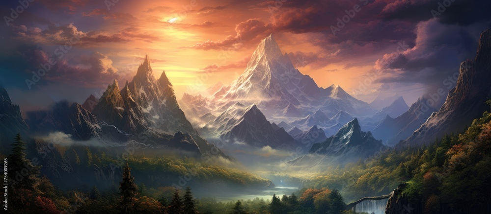 A majestic mountain stands tall against a fiery sunset sky. The rich oranges and reds of the setting sun create a dramatic contrast against the dark silhouette of the mountain. The scene is filled