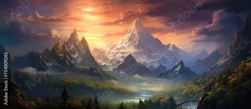 A majestic mountain stands tall against a fiery sunset sky. The rich oranges and reds of the setting sun create a dramatic contrast against the dark silhouette of the mountain. The scene is filled