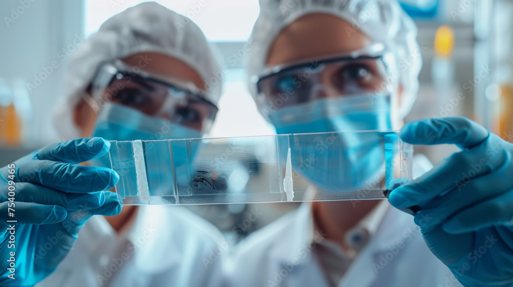 Two lab technicians are holding up a crosssection of a biodegradable composite for inspection. The layers of different materials and components are clearly visible providing Two lab technicians are holding up a crosssection of a biodegradable composite for inspection. The layers of different materials and components are clearly visible providing