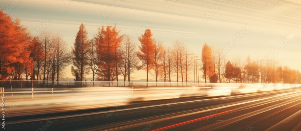 A blurry shot capturing a car in motion as it drives down a road. The image depicts the movement and speed of the car in a blurred effect.