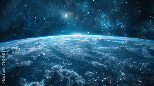 Night view of Earth from space with atmospheric glow and city lights under a star-filled sky. Planet Earth and space observation concept. Design for space exploration poster