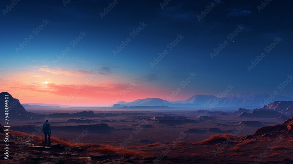 A sweeping cinematic panorama of Mars at dawn as seen from the edge of a human settlement - obrazy, fototapety, plakaty 