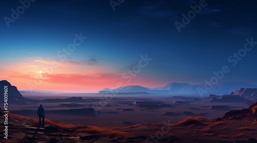 A sweeping cinematic panorama of Mars at dawn as seen from the edge of a human settlement