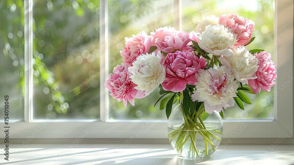 pink and white peonies flowers in a vase on the windowsill with sunbeams with a white background in a room product display presentation background or backdrop 