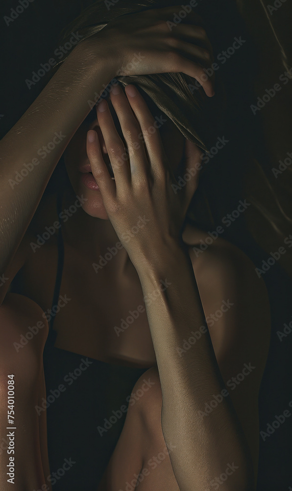 Distressed young woman covering her face with her hands in a dimly lit room, showing emotions of sadness and despair Distressed young woman covering her face with her hands in a dimly lit room, showing emotions of sadness and despair