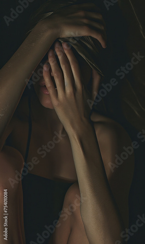 Distressed young woman covering her face with her hands in a dimly lit room, showing emotions of sadness and despair