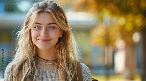 a smiling and charming blonde teenage girl a high school student with a backpack looking at the camera  photo