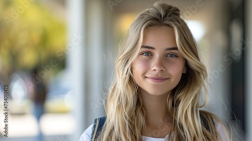 a smiling and charming blonde teenage girl a high school student with a backpack looking at the camera 