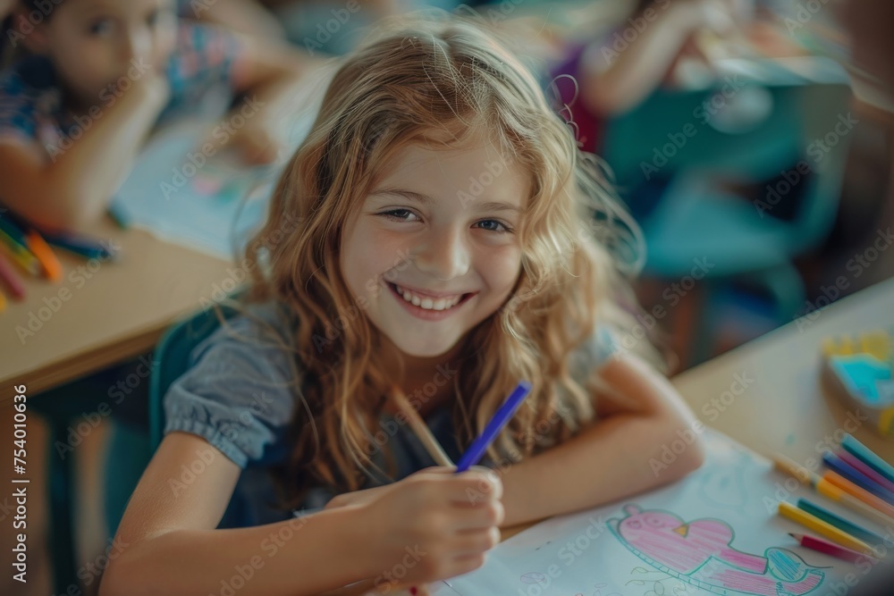 High angle view of smiling girl drawing with crayon on paper while sitting at bench in classroom High angle view of smiling girl drawing with crayon on paper while sitting at bench in classroom